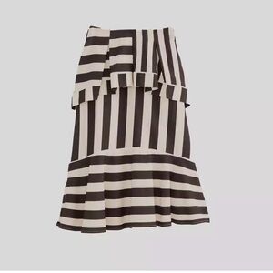 FARM Rio Midi Black and White Striped Skirt with Ruffle Detail